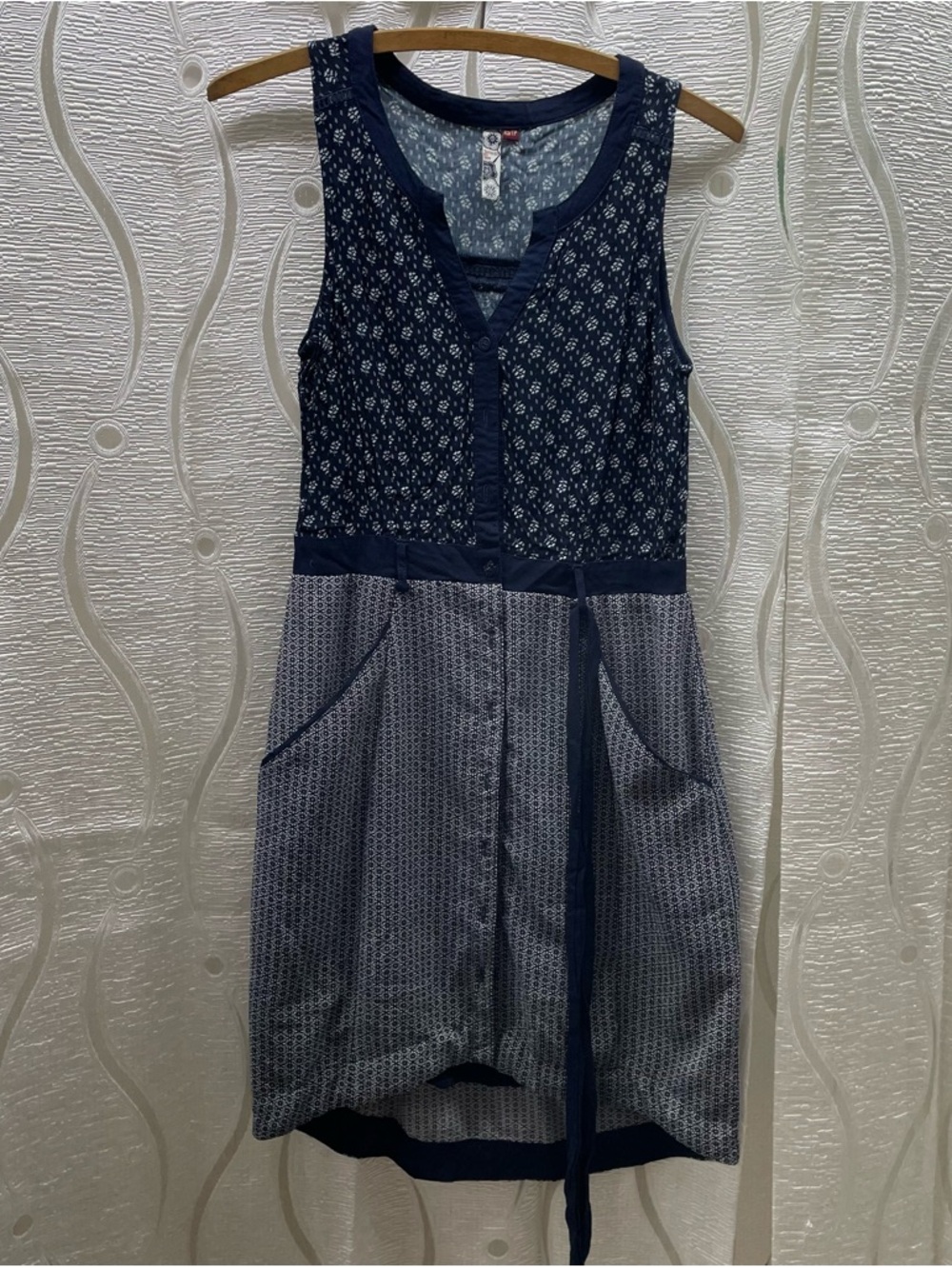 3Stones Mixed Print Sleeveless Dress Womens XS Navy Blue Excellent Boho Pockets